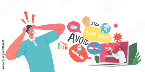 Negative News, Panic, Disaster Concept. Stressed Male Character Holding Head Looking on Laptop Screen with Bad Newsfeed