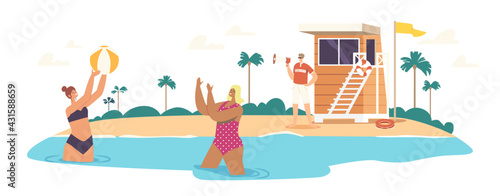 Lifeguard Male Character Yell to Megaphone on Shore with Warning Flag and Tower to Women Swimming and Playing in Sea