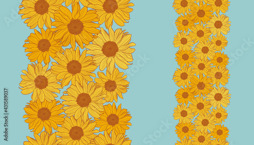 Vector vertical seamless border with yellow sunflowers with bronze outline on powder blue background. Digital art. Decorative print for wallpaper, wrapping, textile, fabric, label design.