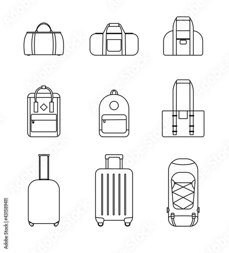 Icon collection set of travel bags, backpacks, suitcases isolated on white background