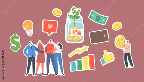 Set of Stickers Mutual Fund. Office Colleagues Join Hands, Tiny Businessman with Gold Coin, Glass Jar with Sprout