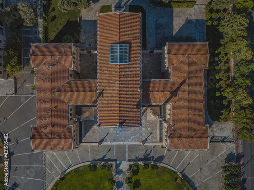 Aerial top down shot of the university of Athens