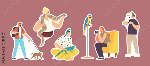Set Stickers Characters with Exotic Pets Lizard, Snake, Monkey and Spider with Parrot. People Care of Tropical Animals