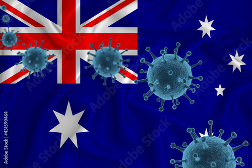 Australia flag. Blue viral cells, pandemic influenza virus epidemic infection, coronavirus, infection concept. 3d-rendering. photo