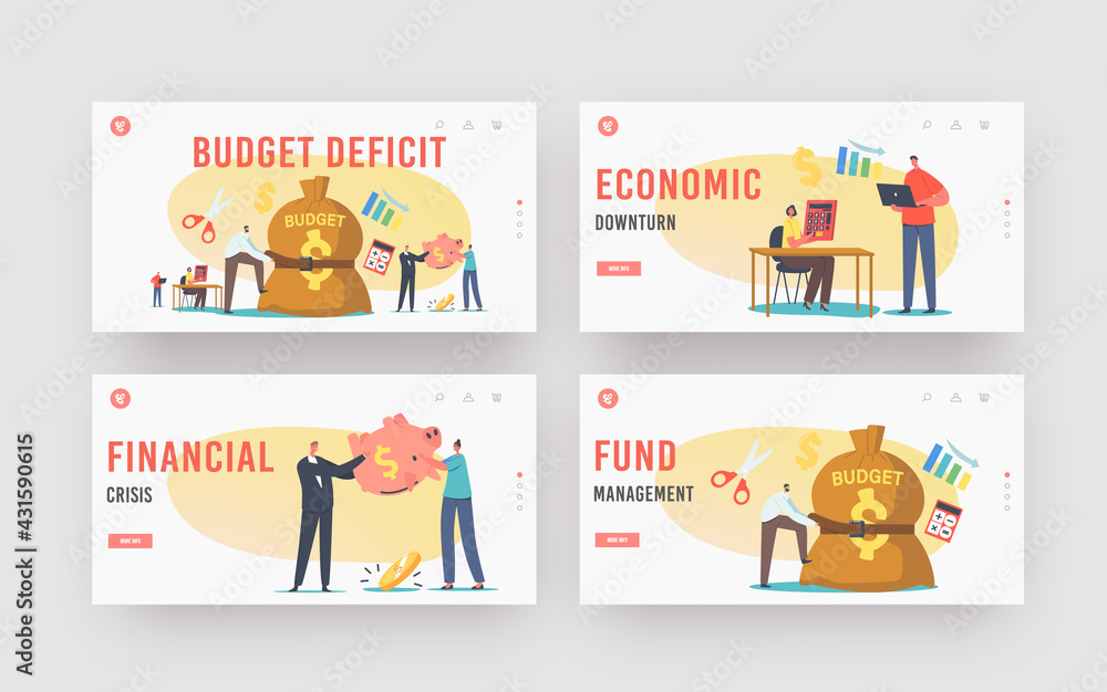 Budget Deficit Landing Page Template Set. Tiny Businessman Character Tight Budget Sack with Belt. Economy Crisis Budget Deficit Landing Page Template Set. Tiny Businessman Character Tight Budget Sack with Belt. Economy Crisis
