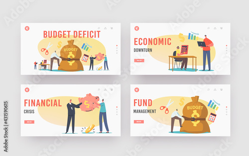Budget Deficit Landing Page Template Set. Tiny Businessman Character Tight Budget Sack with Belt. Economy Crisis