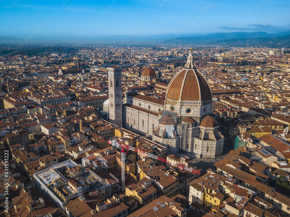 Cattedrale di Santa Maria del Fiore in Florence from a high drone view