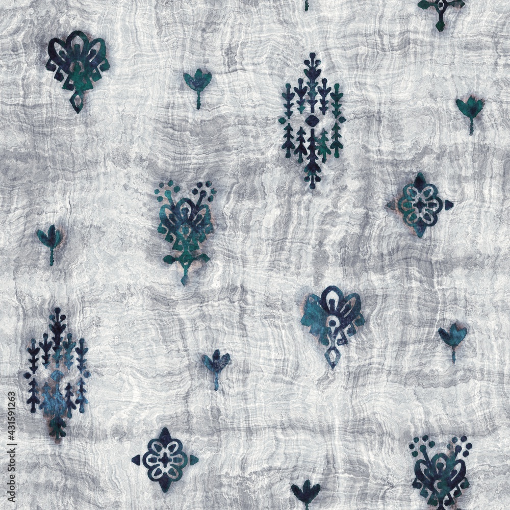 Seamless grungy tribal ethnic rug motif pattern. High quality illustration. Distressed old looking native style design in faded turquoise and gray colors. Old artisan textile seamless pattern. Seamless grungy tribal ethnic rug motif pattern. High quality illustration. Distressed old looking native style design in faded turquoise and gray colors. Old artisan textile seamless pattern.