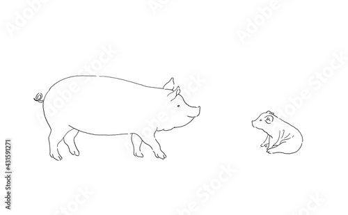 豚の親子のイラスト-線画・手描き