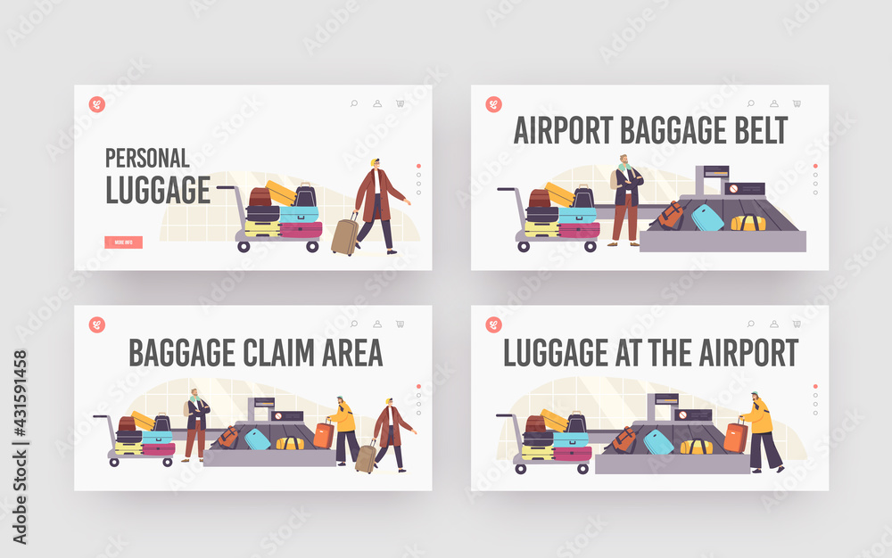 Baggage Claim in Airport Landing Page Template Set. Tourists Characters Taking Luggage in Carousel after Airplane Flight