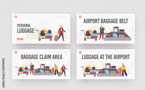 Baggage Claim in Airport Landing Page Template Set. Tourists Characters Taking Luggage in Carousel after Airplane Flight