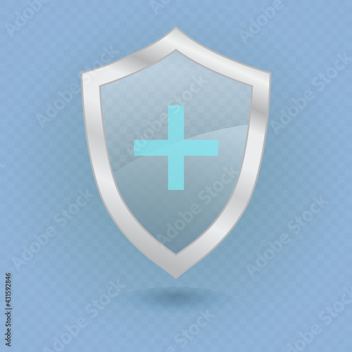 Antivirus protective shield with blue cross. Medical glass and steel buckler symbol. Pharmacy protection sign. Vector illustration.