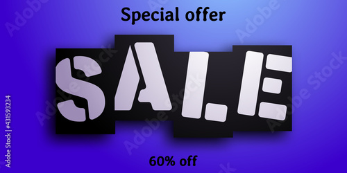 Sale banner. Black cards with white letters casting a shadow on a blue background. Vector illustration