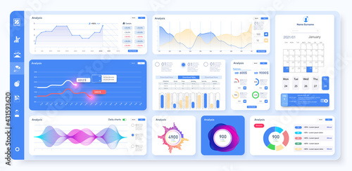 Dashboard UI, UX, KIT admin panel. Colorful infographics or diagrams templates, clean and simple app interface. Analytical report information graphics elements. Website dashboard for ui and ux design
