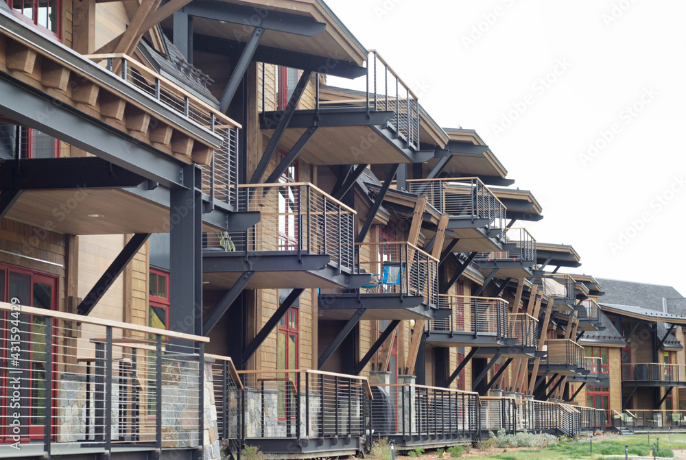 A series of balconies along the side of a building