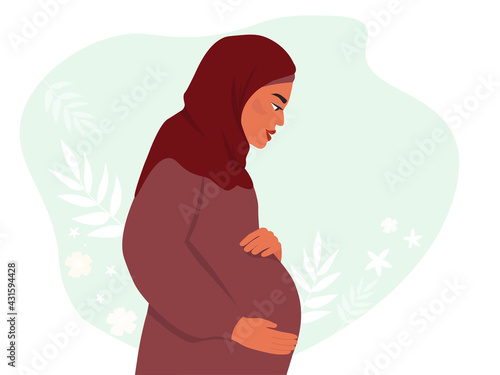 A beautiful pregnant Muslim woman in hijab in profile in a long dress holds a large belly with her hands. Female in anticipation of the birth of a child. Vector graphics. The concept of motherhood.