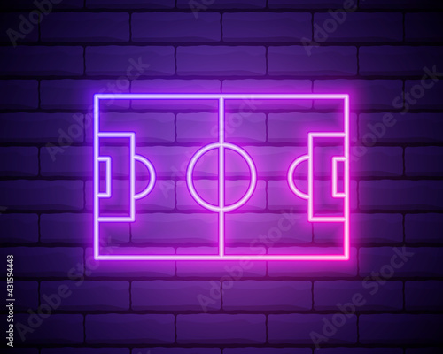 Glowing neon Football field or soccer field icon isolated on brick wall background. Vector Illustration