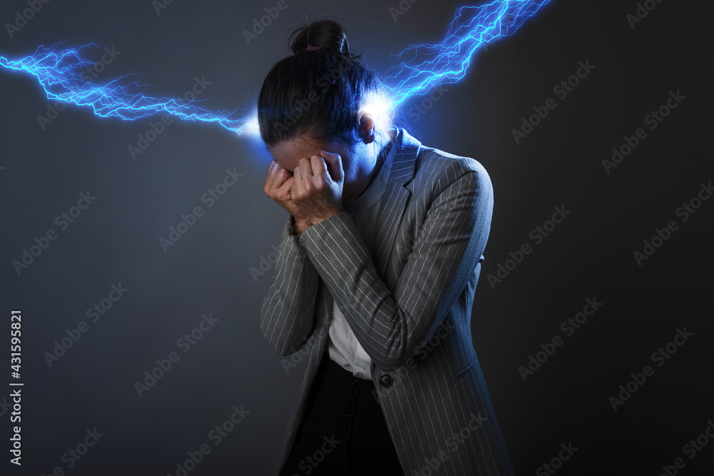Headache and severe stress, concept. A lightning strike to the head, Headache and severe stress, concept. A lightning strike to the head,