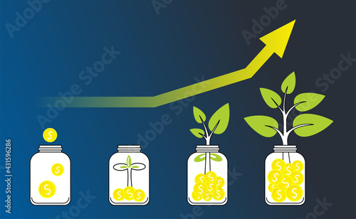 Investment and finance growth business concept on dark background. Money tree growing. Green plant growing from money coins. Vector flat isolated illustration. Doodle cartoon infographic.