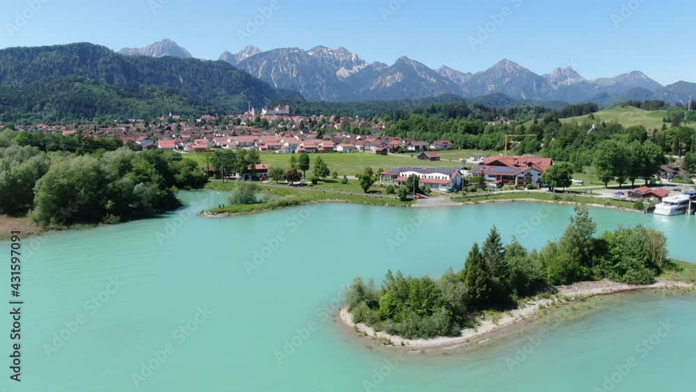Aerial view over Lake Forggensee at the city of Fuessen in Bavaria Germany Aerial view over Lake Forggensee at the city of Fuessen in Bavaria Germany
