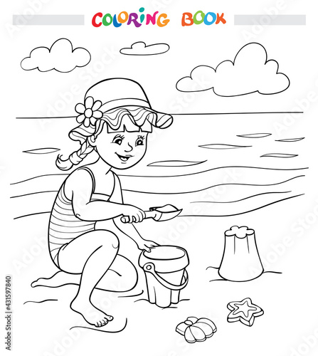 Coloring book or page. A happy girl plays in the sand on the beach near the sea, a cloud flies in the sky.