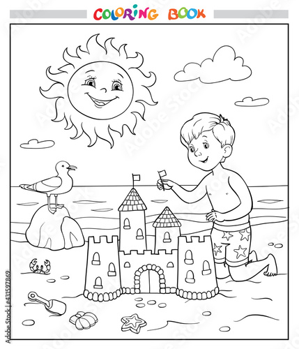 Coloring book or page. The boy is building a sandcastle on the beach near the sea. The sun smiles in the sky and the seagull on the stone