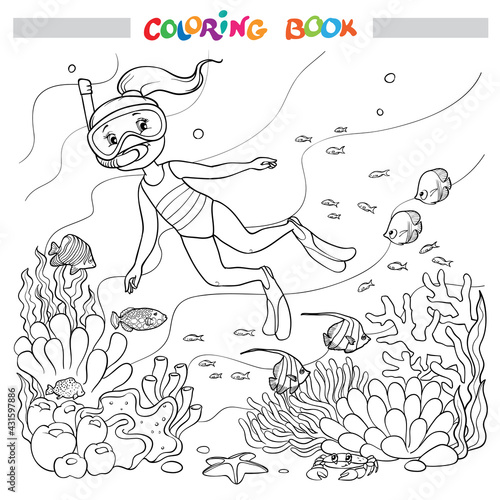 Coloring book or page. A girl underwater in a mask and fins swims among fish, algae, and corals.