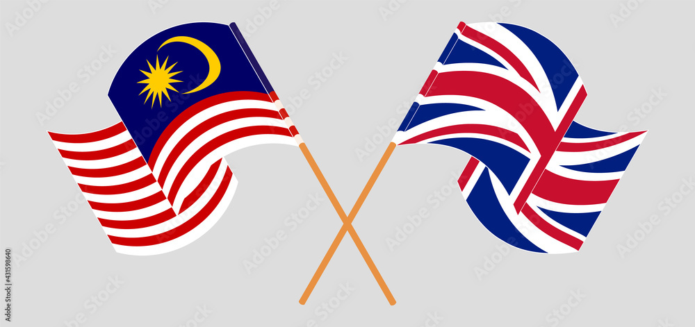 Crossed and waving flags of Malaysia and the UK
