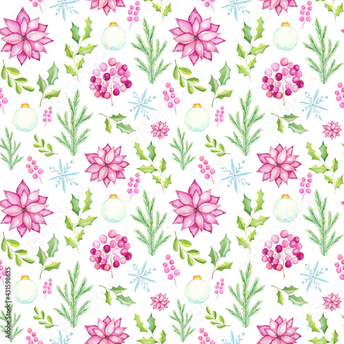 Wallpaper Mural Watercolor Christmas seamless pattern with watercolor traditional seasonal elements. poinsettia, baubles, fir tree, star anise Torontodigital.ca