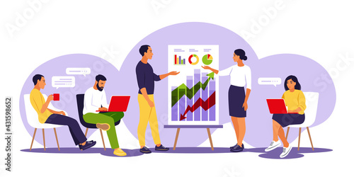 Coaches speaking before audience, presenting charts and reports. Training of employee. Team thinking and brainstorming. Vector illustration. Isolated flat.