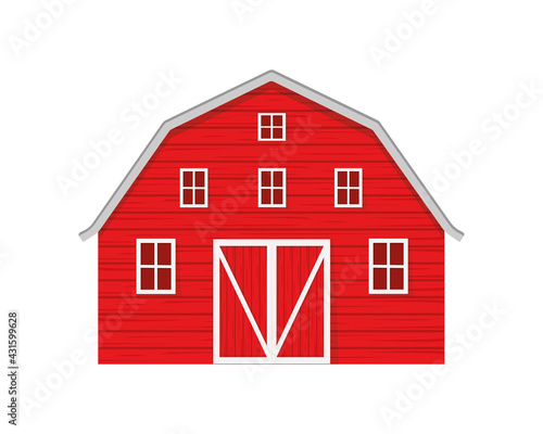 Red wooden barn isolated on white background. Farm warehouse with big door and windows. Front view. Vector cartoon illustration.