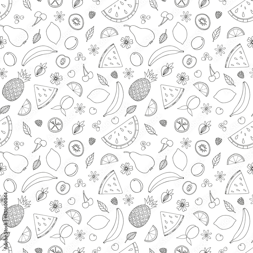 Seamless summer tropical fruits pattern isolated on white. Sketch style