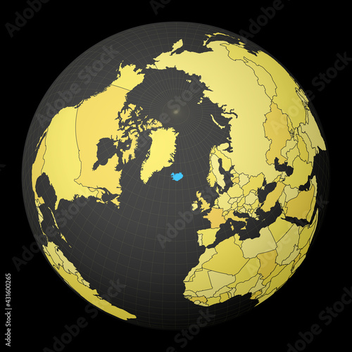 Iceland on a dark globe with a yellow world map. The country is highlighted with blue color. Satellite world projection centered to Iceland. Classy vector illustration.