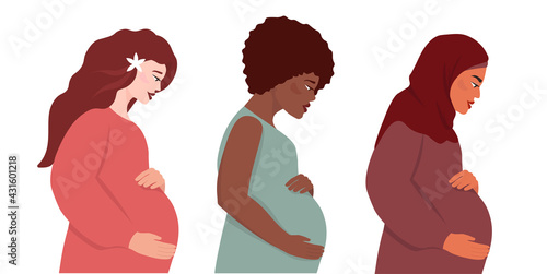 Set of pregnant female different nationalities, European, African and Muslim in a hijab in profile hold their stomach with their hands. A woman, expectant mothers waiting for the birth child. Vector.