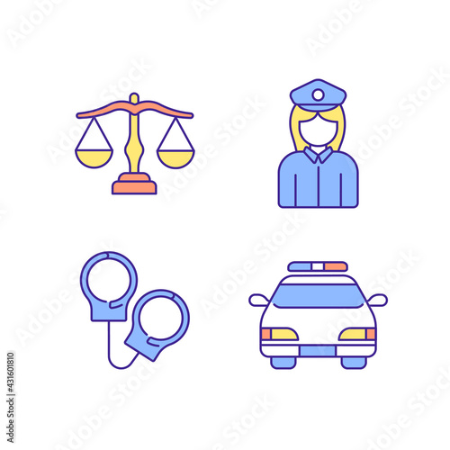 Police RGB color icons set. Law enforcement. Transport, protection equipment. Thin line contour symbols. Isolated vector outline illustrations.