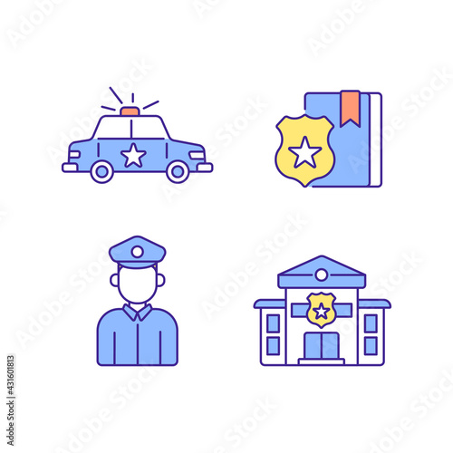 Police RGB color icons set. Law enforcement. Transport, protection equipment. Thin line contour symbols. Isolated vector outline illustrations.