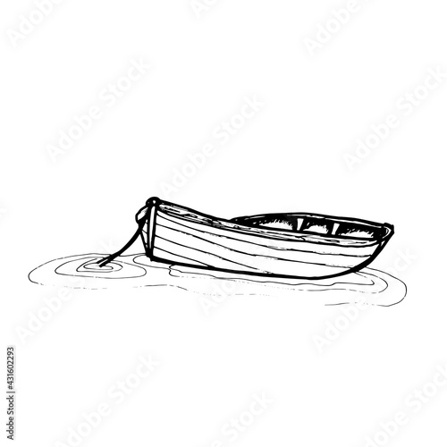 Doodle Wooden boat. Vector drawing . Isolated on a white background, vector. Elements for Print for a postcard and Illustration for a T-shirt.