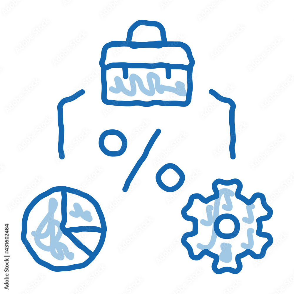 percent business case infographic and gear doodle icon hand drawn illustration