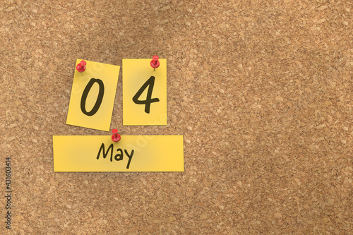 3d rendering of important days concept. May 4th. Day 4 of month. The date written on yellow papers is pinned to the cork board. Spring month, day of the year. Remind you an important event.