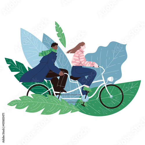 Flat illustration of a couple riding red tandem bicycle on the foliage background