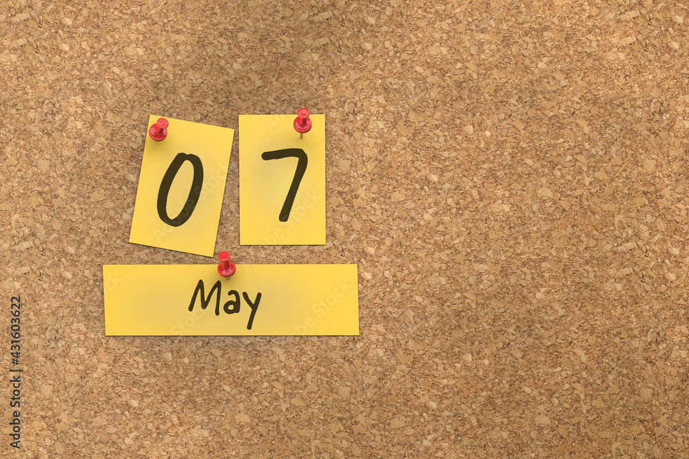 3d rendering of important days concept. May 7th. Day 7 of month. The date written on yellow papers is pinned to the cork board. Spring month, day of the year. Remind you an important event. 3d rendering of important days concept. May 7th. Day 7 of month. The date written on yellow papers is pinned to the cork board. Spring month, day of the year. Remind you an important event.