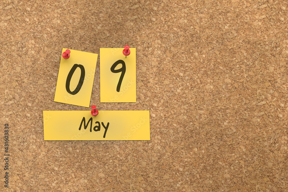 3d rendering of important days concept. May 9th. Day 9 of month. The date written on yellow papers is pinned to the cork board. Spring month, day of the year. Remind you an important event. 3d rendering of important days concept. May 9th. Day 9 of month. The date written on yellow papers is pinned to the cork board. Spring month, day of the year. Remind you an important event.