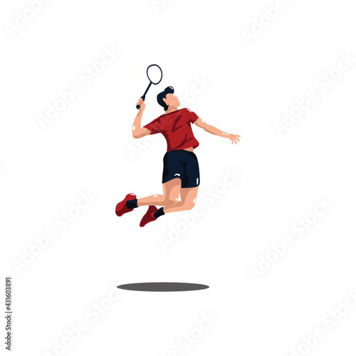 men badminton player jumping smash at court - sport men are playing badminton attack with jumping smash isolated on white