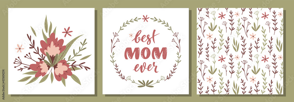 Set of vector floral postcards for Mother's day. Bouquet of flowers. Floral wreath and handwritten lettering best mom ever. Floral vector seamless background. For greeting cards, posters, stickers Set of vector floral postcards for Mother's day. Bouquet of flowers. Floral wreath and handwritten lettering best mom ever. Floral vector seamless background. For greeting cards, posters, stickers