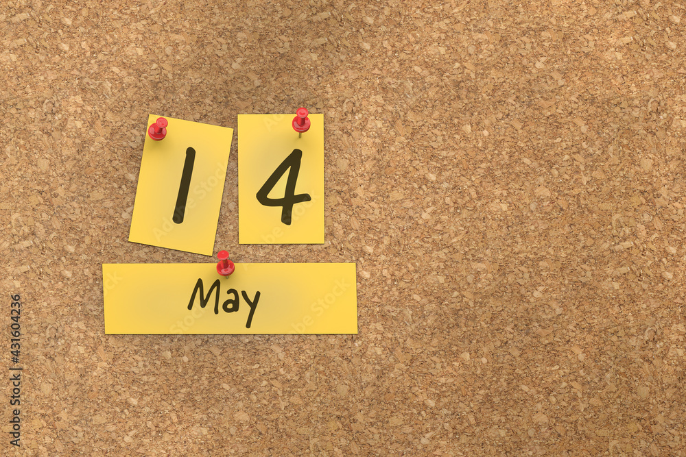 3d rendering of important days concept. May 14th. Day 14 of month. The date written on yellow papers is pinned to the cork board. Spring month, day of the year. Remind you an important event. 3d rendering of important days concept. May 14th. Day 14 of month. The date written on yellow papers is pinned to the cork board. Spring month, day of the year. Remind you an important event.
