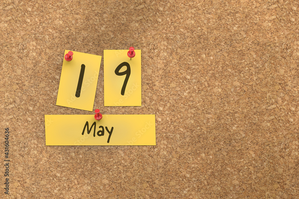 3d rendering of important days concept. May 19th. Day 19 of month. The date written on yellow papers is pinned to the cork board. Spring month, day of the year. Remind you an important event. 3d rendering of important days concept. May 19th. Day 19 of month. The date written on yellow papers is pinned to the cork board. Spring month, day of the year. Remind you an important event.