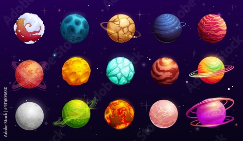 Fantasy space planets of cartoon alien galaxy, vector ui or gui for space games. Fantastic universe dark cosmos, another world planets and stars with asteroids, halo, meteors and clouds on orbits