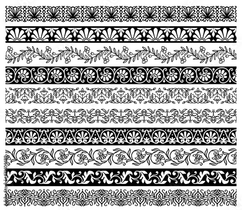 Floral embellishments and borders with vector flower ornaments. Ornate floral decorations with flower garlands and vines, leaf scrolls, flourishes, bud and blossom bunches, plant and herbal branches