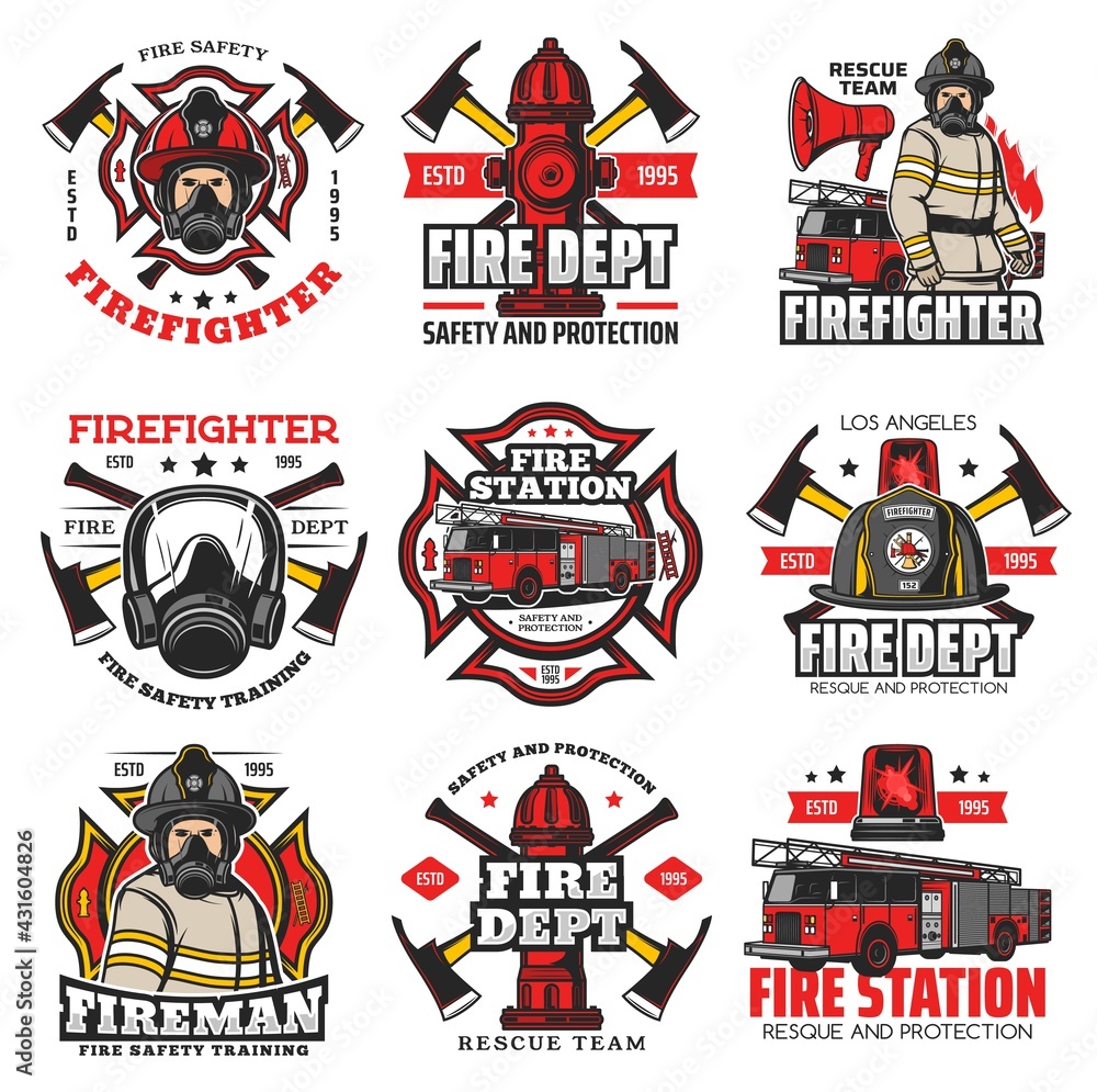 Firefighting icons, fire service retro emblems. Fire department station ...
