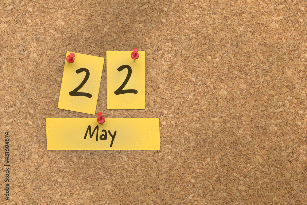 3d rendering of important days concept. May 22nd. Day 22 of month. The date written on yellow papers is pinned to the cork board. Spring month, day of the year. Remind you an important event. 3d rendering of important days concept. May 22nd. Day 22 of month. The date written on yellow papers is pinned to the cork board. Spring month, day of the year. Remind you an important event.